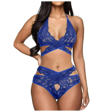 KDFJPTH Lingerie for Women Sexy Bra Set Lace Blue S
