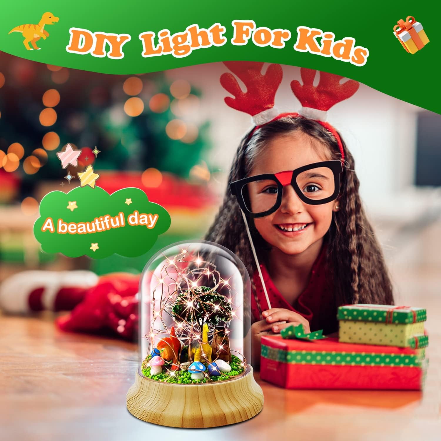 KOMI Make Your Own Dinosaur Night Light, Dinosaur Toys for Kids, Dinosaur Craft Kit, DIY Arts and Crafts Lamp Project for Girls(USB Upgrade Edition), Gifts for 4 5 6 7 8 9 10 Year Old Kids