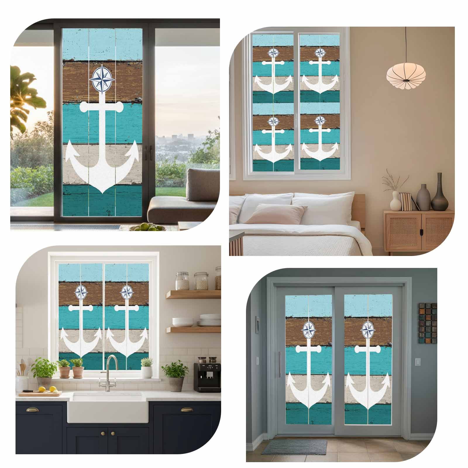 White Anchor Window Privacy Film, Costal Green Brown Stripes Wood Grain Bottom Frosted Glass Window Clings Static Cling UV Heat Blocking Reusable Door Sticker for Bathroom 23.6 x 59 Inch