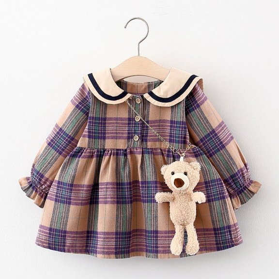 Yidarton Girl's Plaid Long Sleeve Dress With Bear 2022 Fall Children's Lapel Princess Dress Purple 100CM