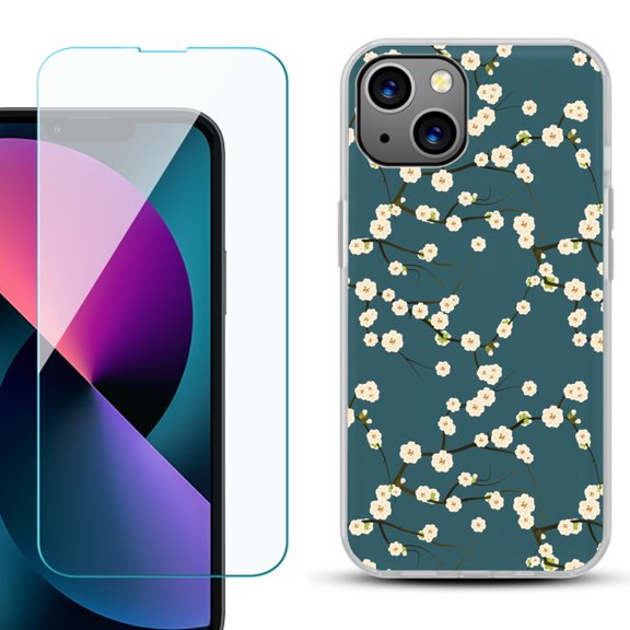 Slim-Fit Gel TPU Phone Case for iPhone 13 Mini, with Tempered Glass Screen Protector, by OneToughShield ® - Blossom Green