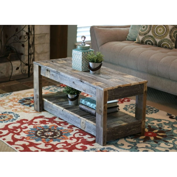 Natural Unfinished Coffee Table with Shelf for Living Room; Farmhouse Reclaimed Wood Walmart