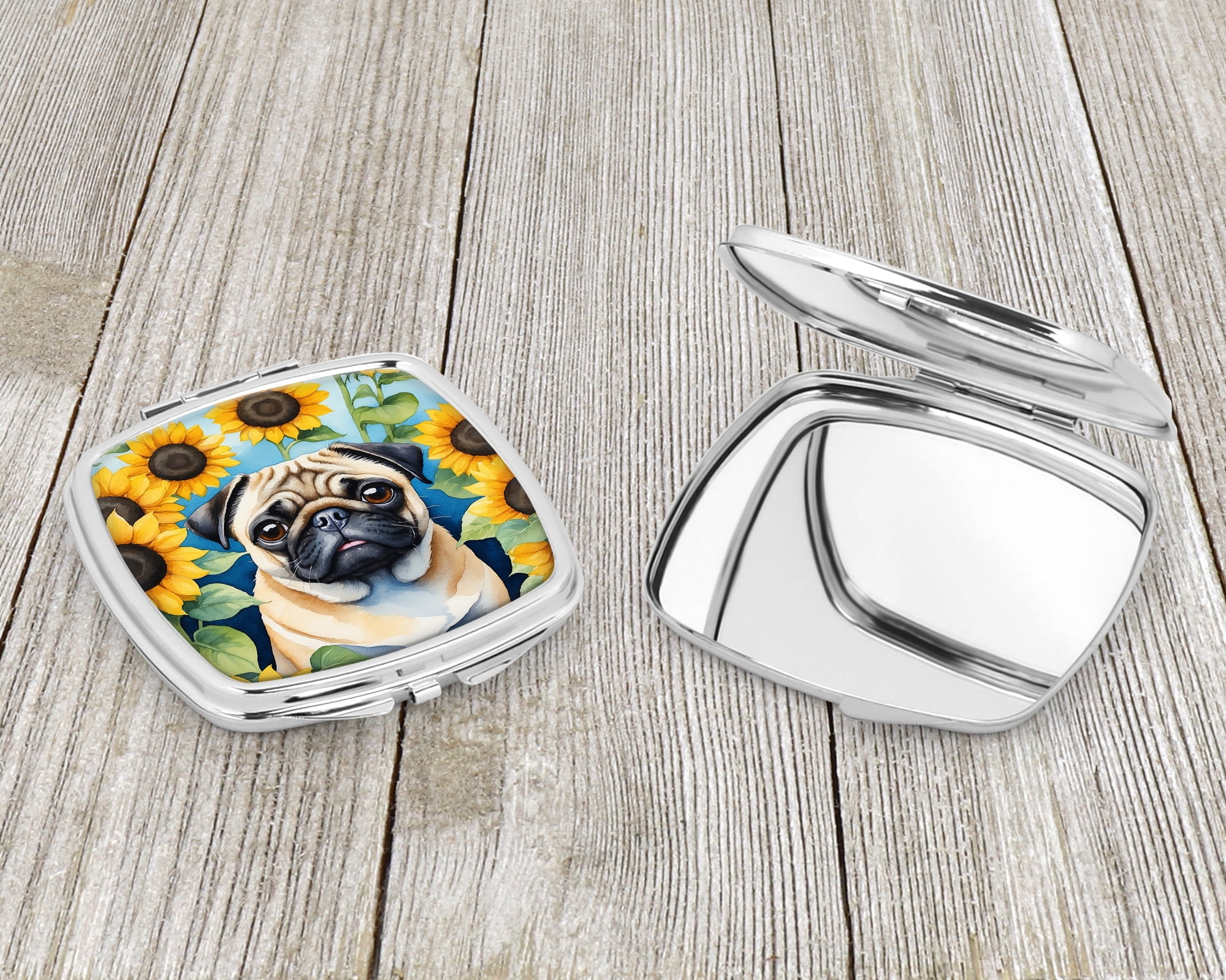 Pug in Sunflowers Compact Mirror 2.75 in x 3 in