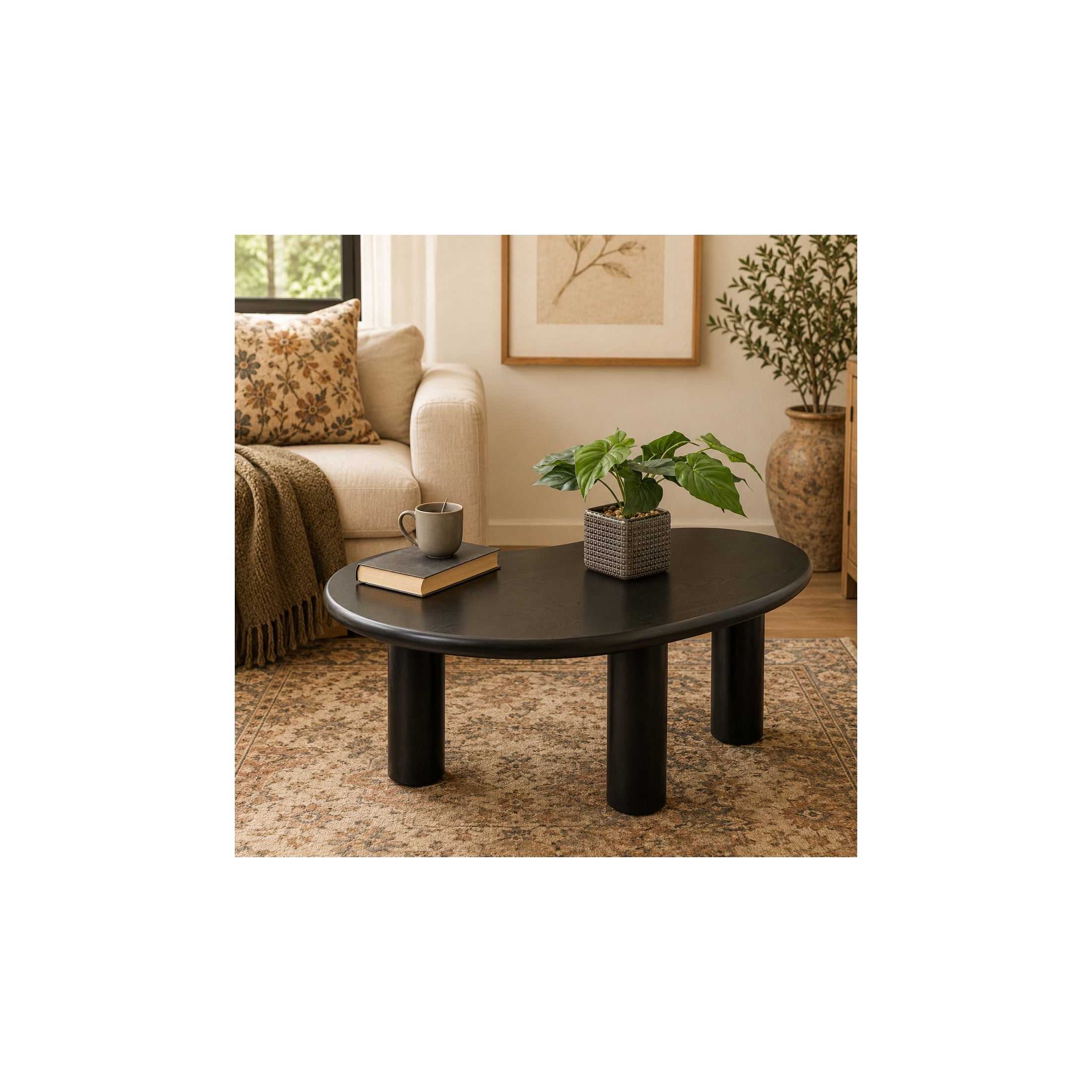 DecMode 40" x 16" Black Wood Heart Inspired Coffee Table with 3 Legs, 1-Piece