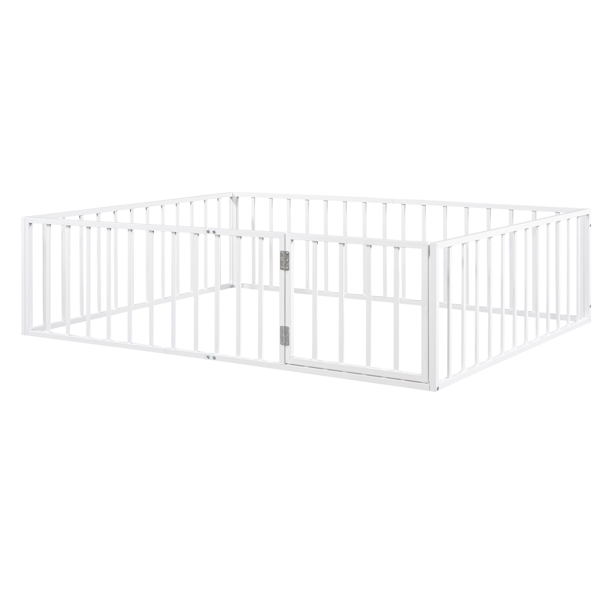Queen Size Floor Bed with Fence and Door, Low Profile Metal Montessori Bed Frame with Slats Supports,Easy Assembly, No Box Spring Needed,White