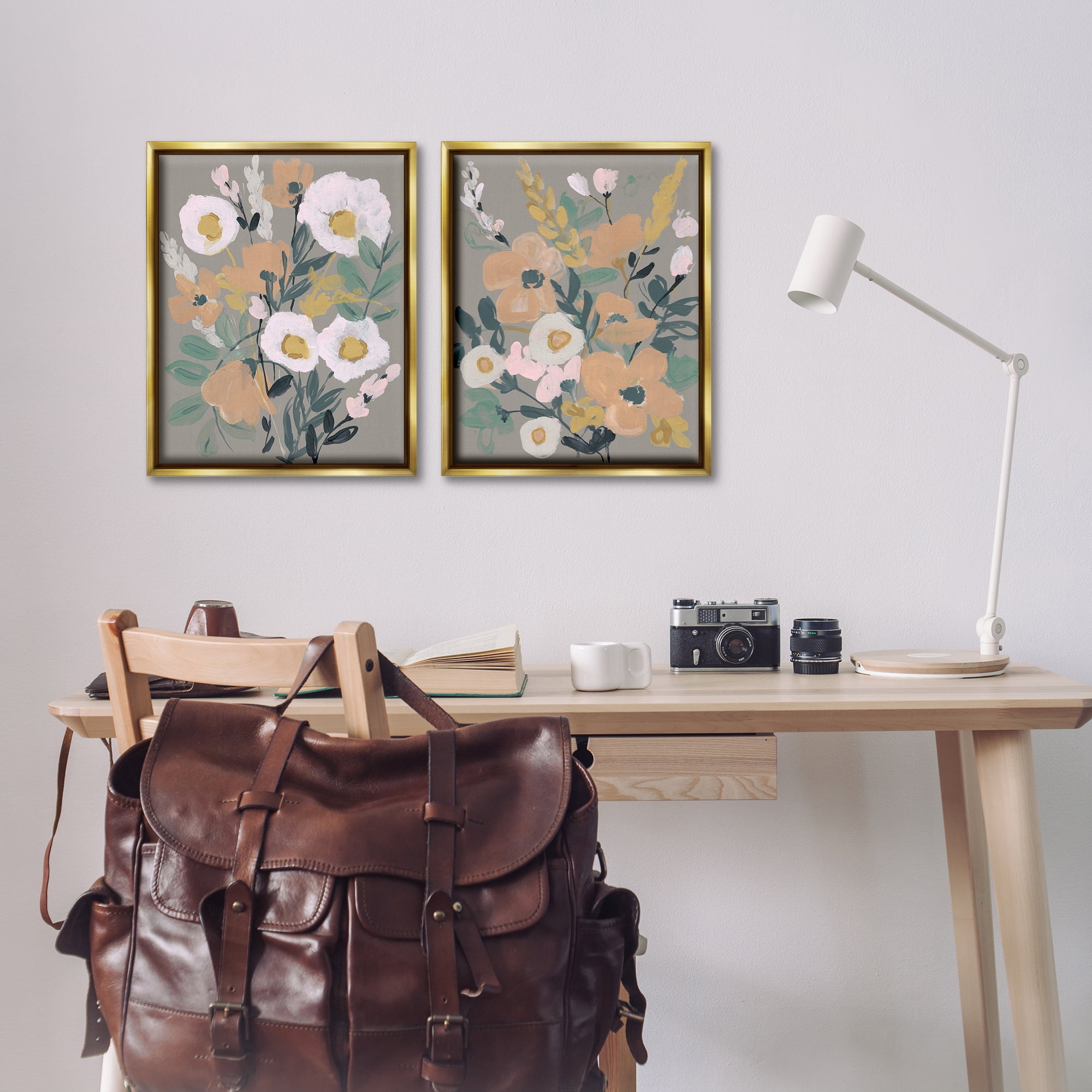Stupell Industries Cheery Floral Bouquet Plants & Flowers Painting Gold Floater Framed Canvas Art Print Wall Art, 17 x 21, Set of 2