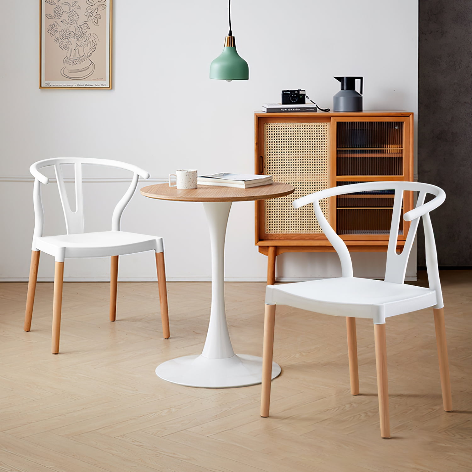 Kadyn Modern Plastic Dining Chairs with Wood Chair Legs, Mid-century Dinner Chairs for Kitchen, Dining, Bedroom, Dining Side Chairs Set of 2, White