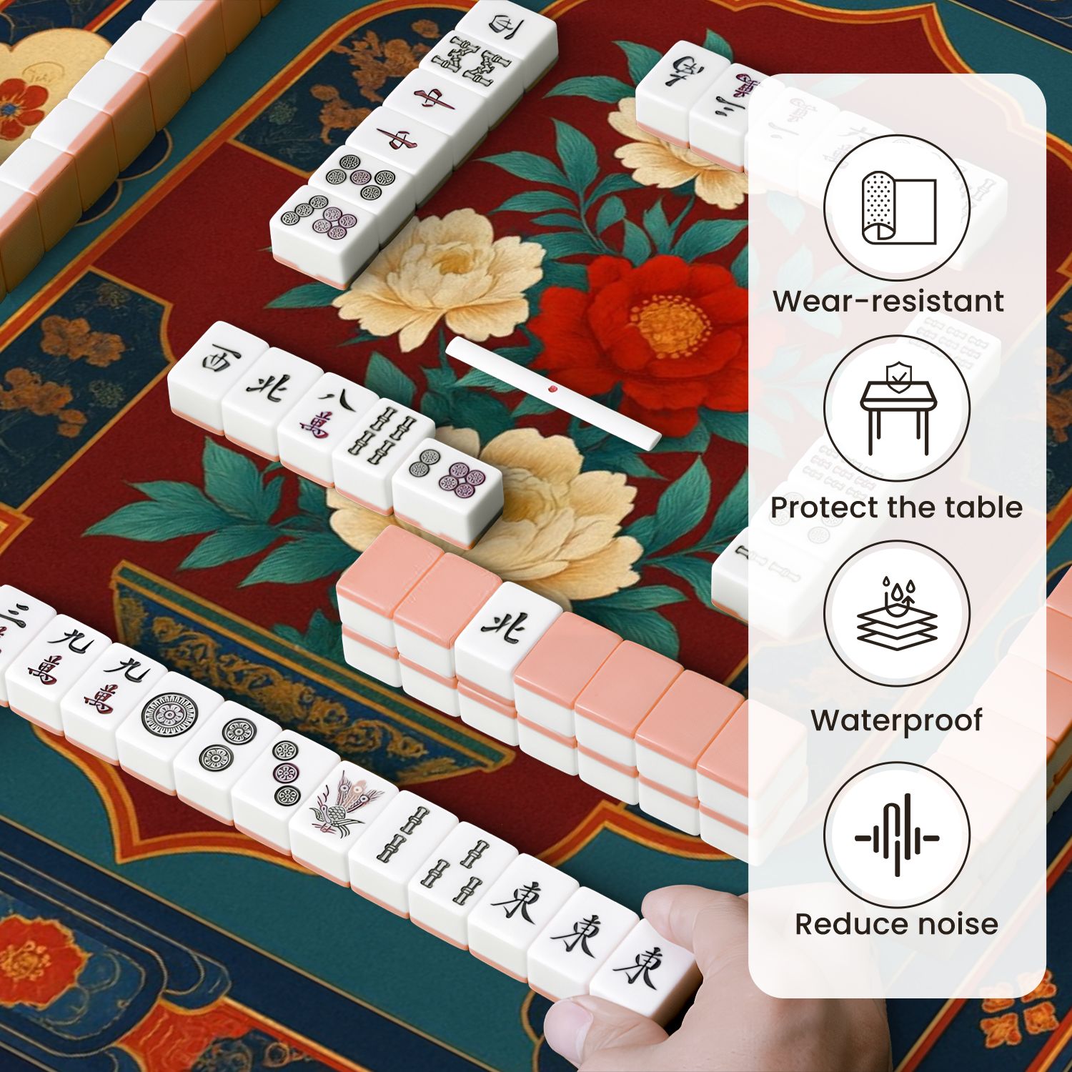 Mahjong Mat 31.5" x 31.5" Traditional Floral Anti-Slip and Noise Reduction Symmetry Design Mahjong Tiles Table Cover for Dominoes Poker Card Board and Tile Games