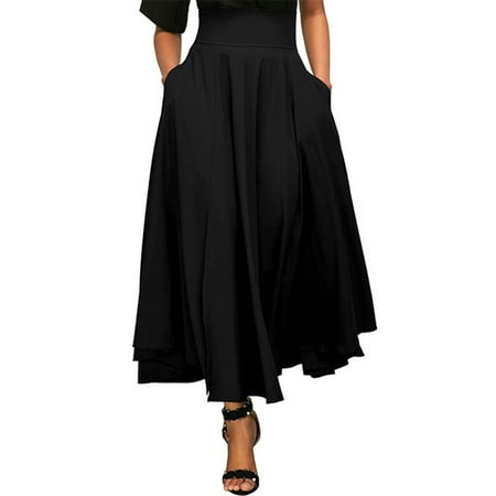 

Women High Waist Side Split Belt Pleated Long Skirt Solid Maxi Pocket Skirt