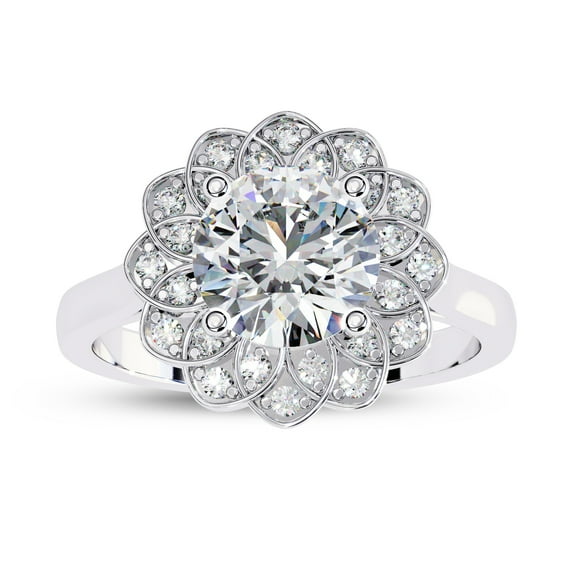 AFFY Floral Halo Solitaire Engagement Ring for Women, 1.60 Carat (ctw) Round Cut Lab Grown Diamond Ring In 14K White Gold Over Sterling Silver F-G-H, SI Quality Ring Size-4