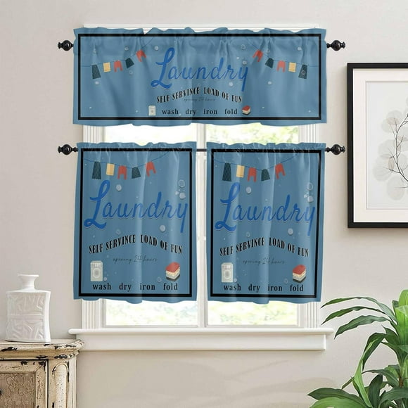 Laundry Room Clothes 3 PCS Kitchen Curtain Valance and Tiers Set, Rod Pocket Small Half Tier Valances Window Curtains Panel, Wash Dry Iron Fold 55"x36" (Set of 2 Tiers & Valance)
