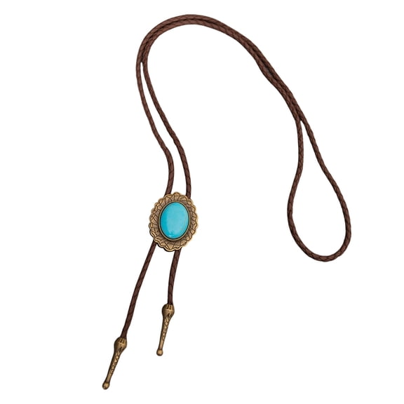 Men's Rodeos Bolotie with Turquoises Pendant Braided Leather Cord Adjustable Chain Necktie Western Jewelry Necklace