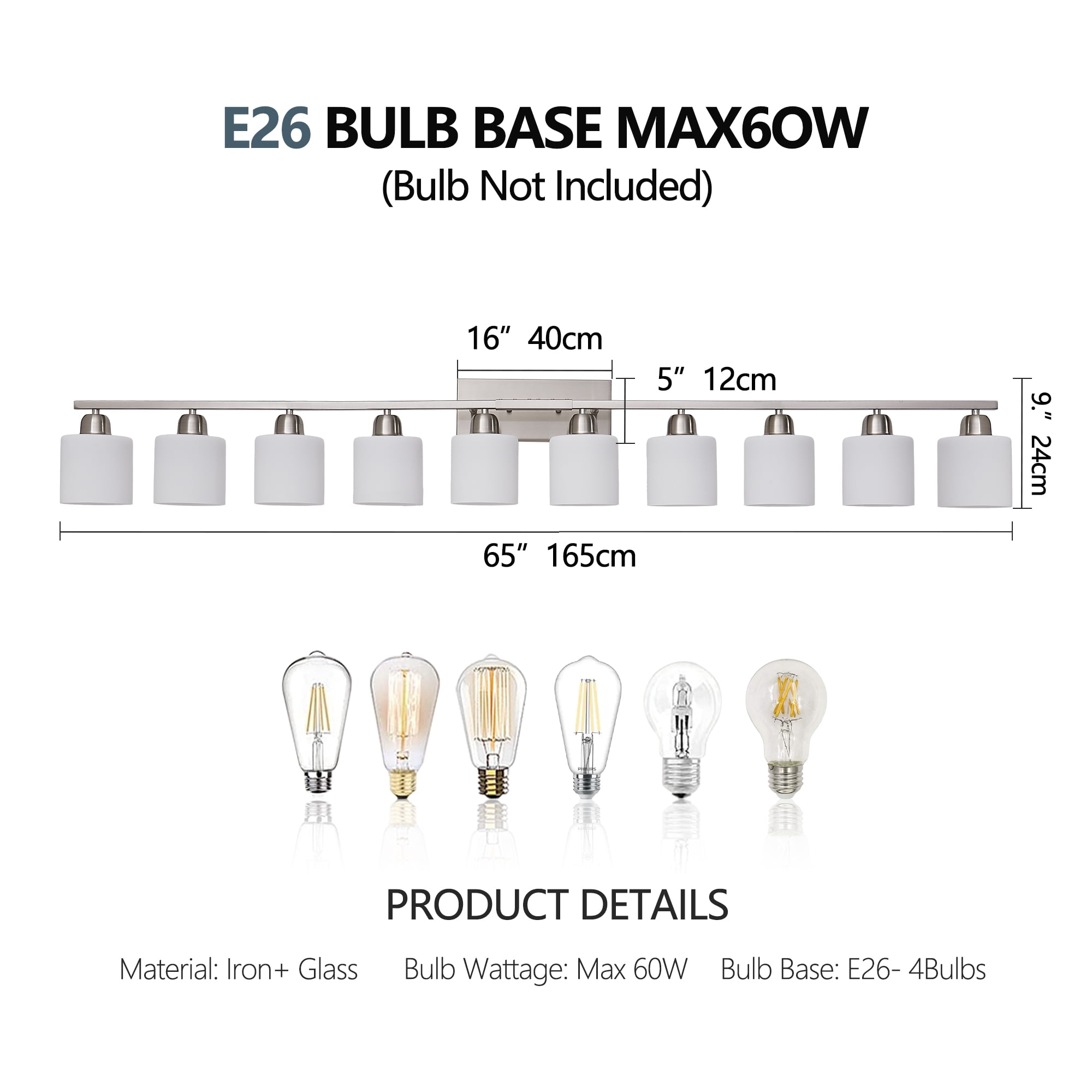 10 Light bathroom lighting fixtures 65 inch over mirror Nickel Vanity Lights&nbsp; for Mirror Bedroom/BathroomLiving Room 10*E26 Base Up and Down Reversible Mounting