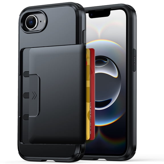 ELEHOLD Rugged Card Holder Phone Case for iPhone 17e, Shockproof Protective Cover with Slide Wallet, Black
