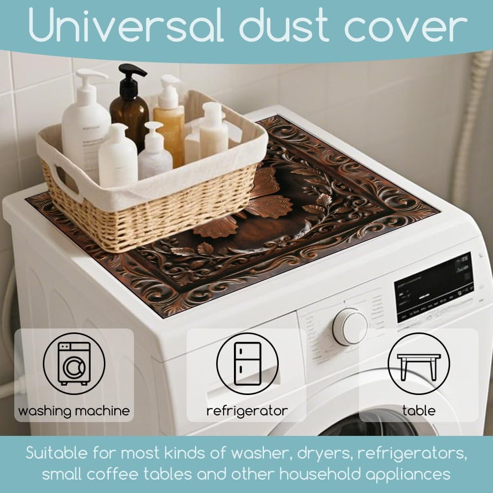 3D Wooden Butterfly Laundry Washer Dryer Dust Cover Mat 23.6x23.6inch Retro Wood Carving Effect Washing Machine Top Protector Pads