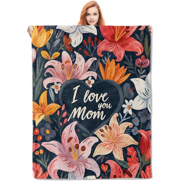 I Love You Mom Throw Blanket, Floral Pattern Soft Cozy Fleece Blanket, Lightweight Warm Blanket for Couch Bed Sofa, for Mom from Daughter Son, 50x60 in