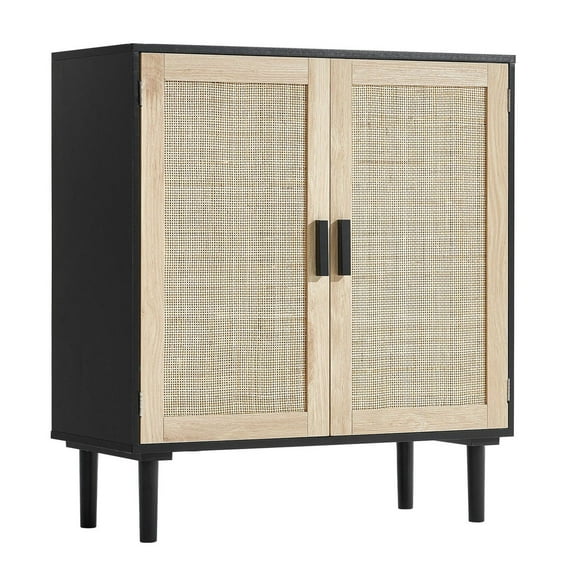 Rattan Cabinet with Doors, 31.5in Storage Sideboard, Adjustable Shelves, Black Woven Accent Cabinet for Living Room, Entryway, Kitchen -