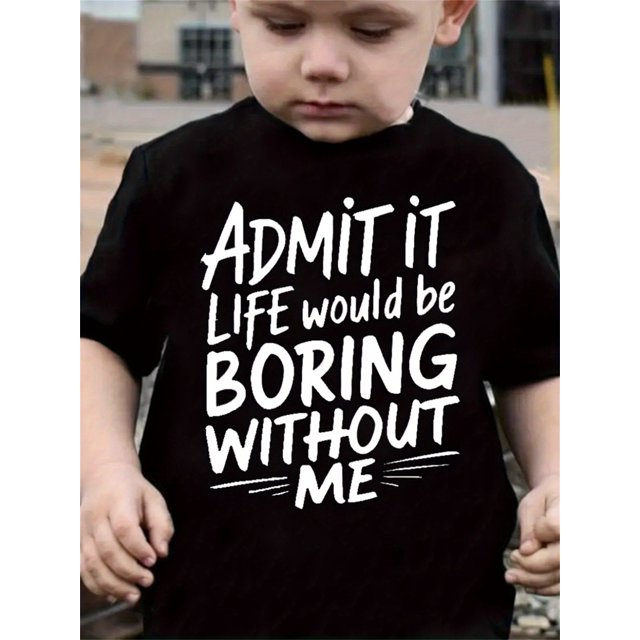 Cool Boys' Graphic Letter Print T-Shirt, Stylish Boring Me Casual Pullover Top, Boys' Patchwork Short-Sleeve T-Shirt.
