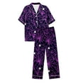 thumbnail image 6 of Halloween Pajamas Women Full Theme Printed Silk Satin 2 Pc Short Sleeve Button Down Lapel Pocket Shirts Loose Straight Casual Pants Comfy Nightwear Fall Winter Loungewear Sets Woman Purple M, 6 of 7