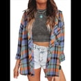 thumbnail image 3 of Camisas de Franela A Cuadros para Mujer, Blusa Holgada Estilo Boyfriend con Botones, Blusa Informal de Franela de Larga Azul L, 3 of 7