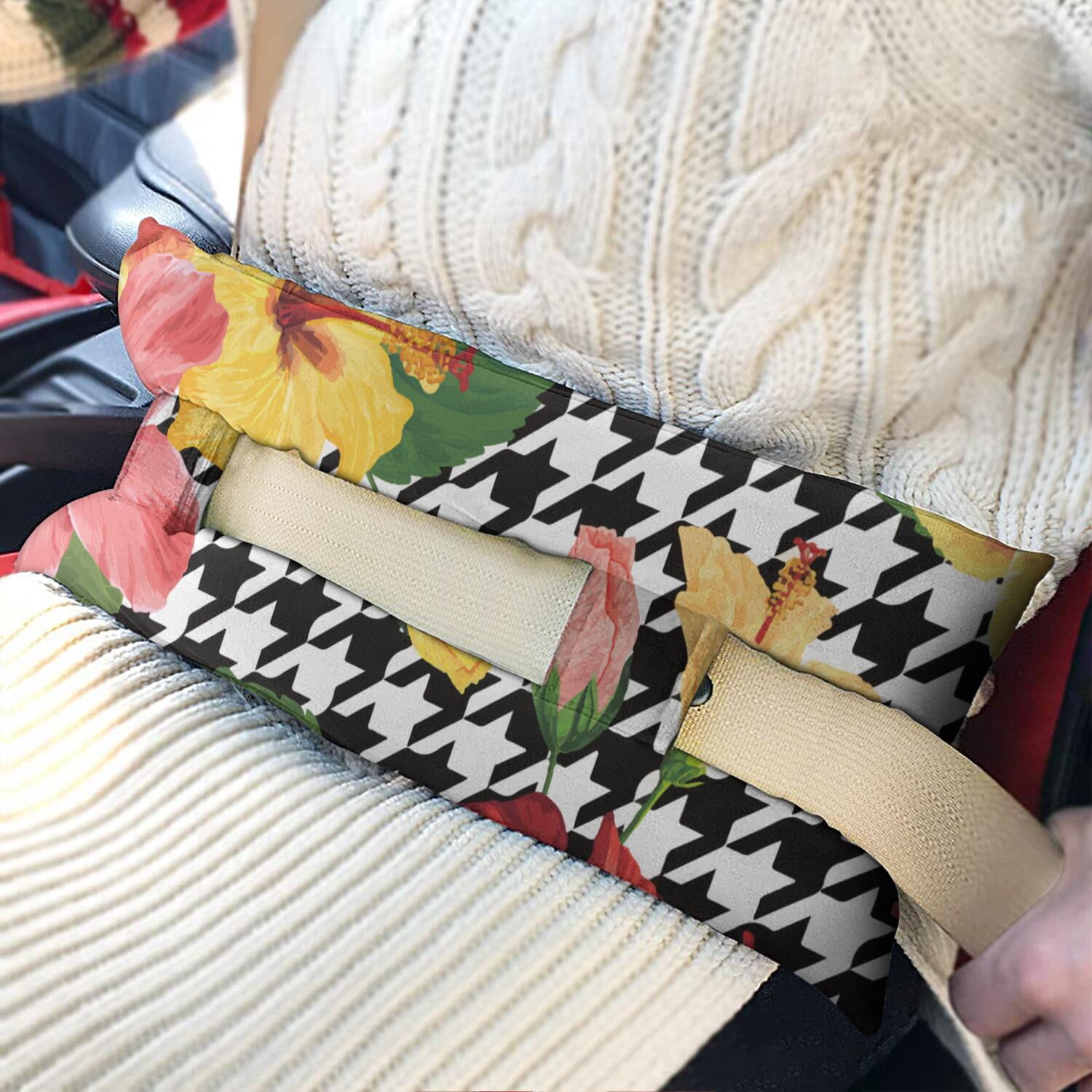 Palm Leaf & Exotic Flowers Seat Belt Pressure Relief Pad - Soft Chest Protector After Surgery - Boho Tropical Mastectomy Pillow