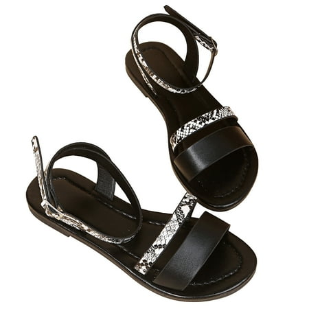 

KIJBLAE Women s Summer Beach Sandals Flat Bohemia Snake Print Shoes Ladies Buckle Strap Open Toe Sandals Female Non-Slip Shoes Black 38