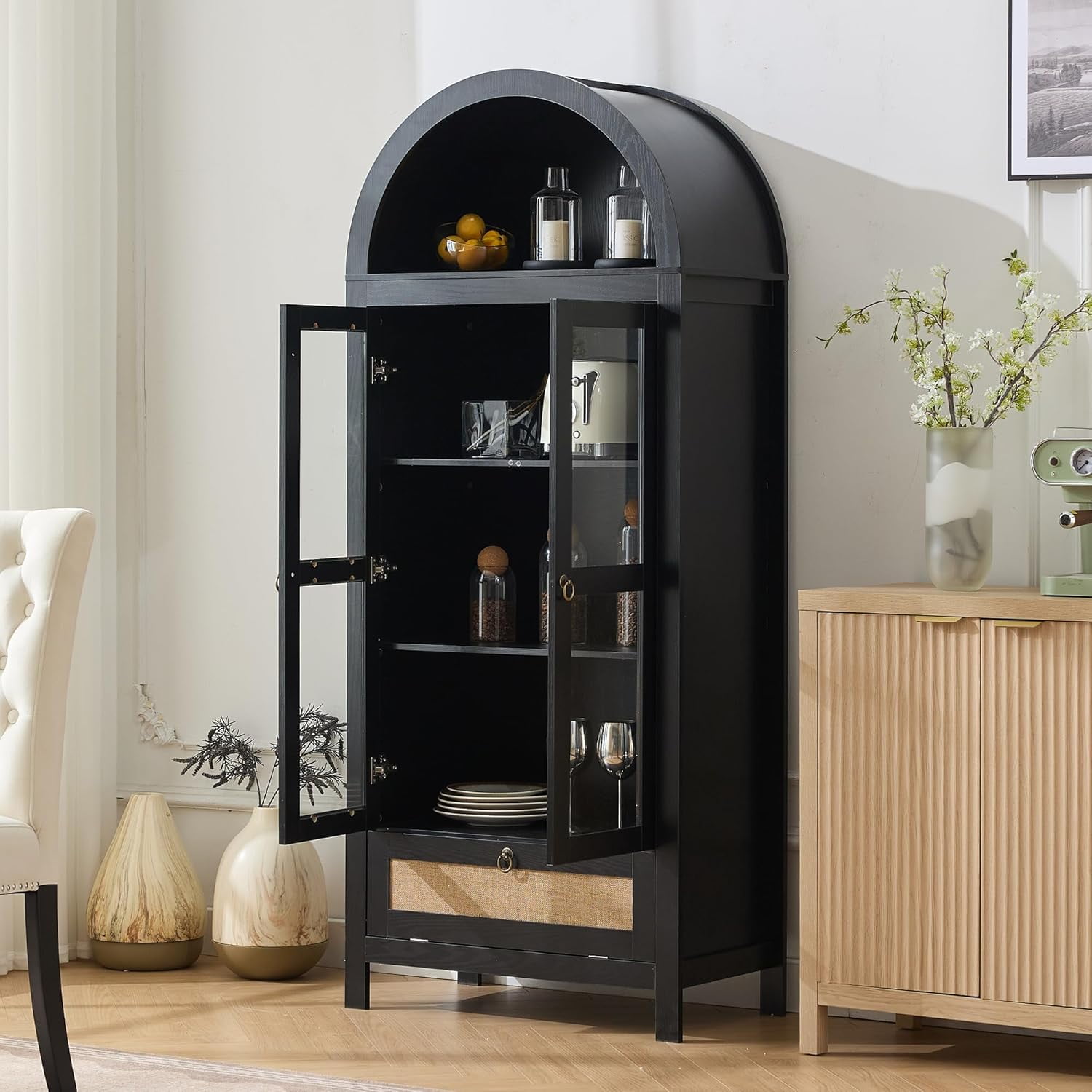 73" Tall Arched Pantry Cabinet with Innovative Drawer, Kitchen Cabinet with Anti-Tipping Device and Glass Door, Versatile Cupboard for Kitchen, Dining, Black