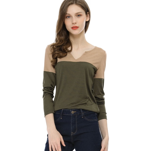 Camiseta De Manga Larga Con Cuello En V Y Henley Dividida Para Mujer Caqui L