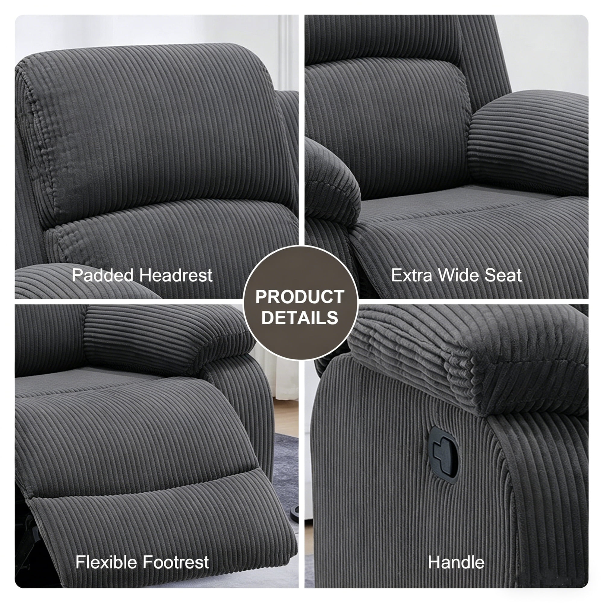 Aukfa Manual Recliner Chair Single Sofa Armchair for Living Room, Bedroom, Corduroy, Dark Gray