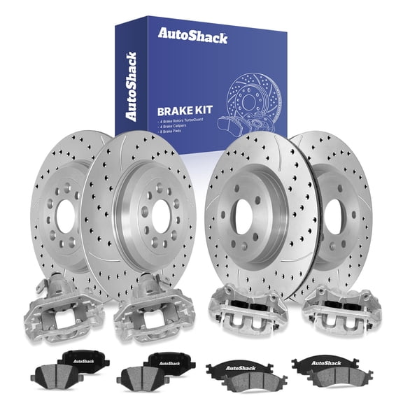 AutoShack Front Vented & Rear Solid Drilled & Slotted Coated Brake Rotors Silver Matte Finish   Ceramic Pads   Calipers 16-PC Brake Kit Replacement for 2010-2012 Ford Taurus TurboGuard