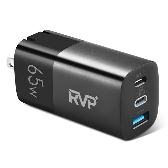 RVP  65W USB C and USB A Charger, (GaN) Tech Power Adapter, 3-Port Wall Charger, Foldable Fast Charger for iPhone, Smartphones, Tablets, Laptops - Black