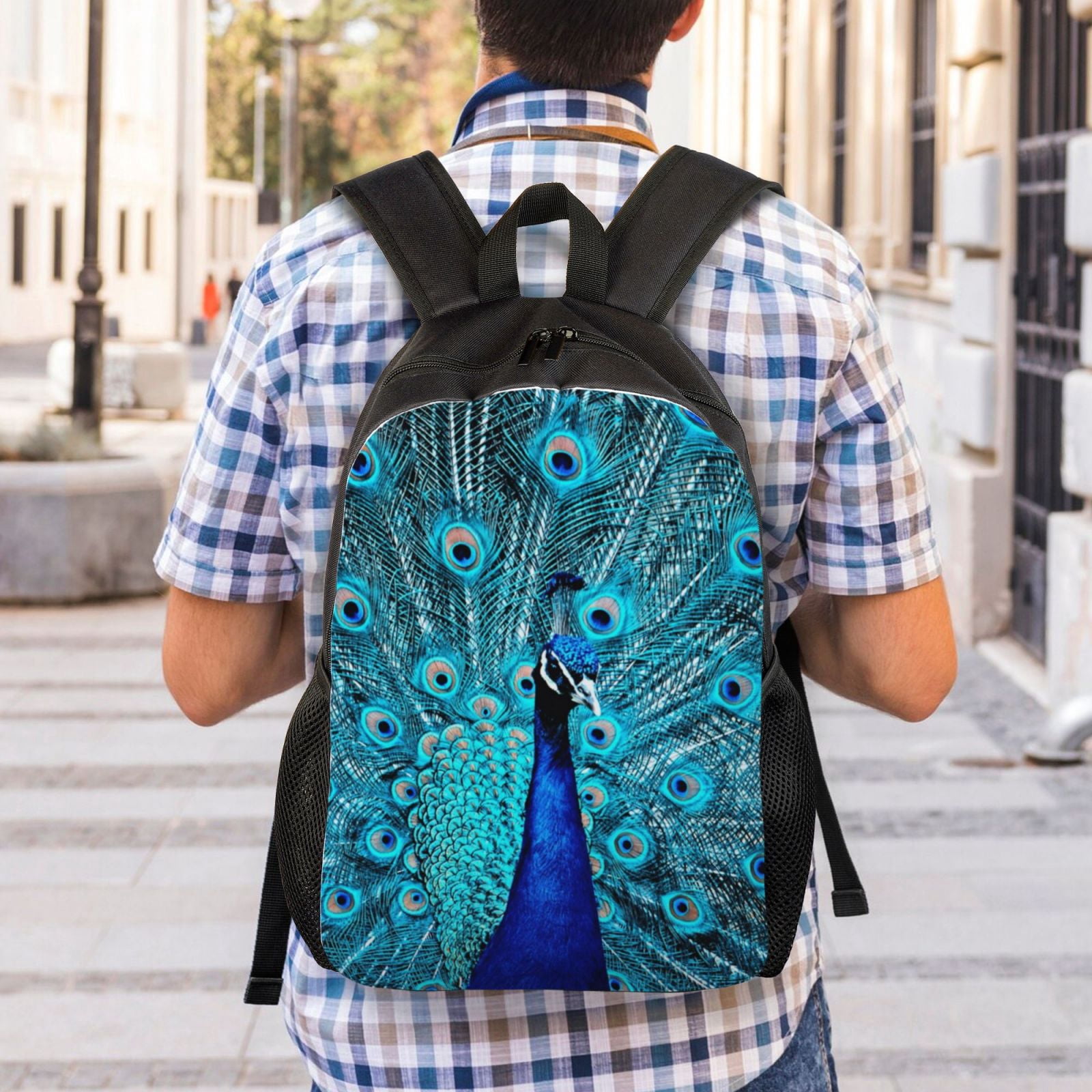 Xecao Beautiful Blue Peacock Print School Backpack with Laptop Compartment Small Travel Laptop Backpack for Women Men Waterproof College Backpack Simple School Bag