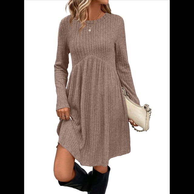 Vestido de Larga para Mujer, Cuello Redondo, Cintura Alta, Túnica con Bolsillos Caqui XXL
