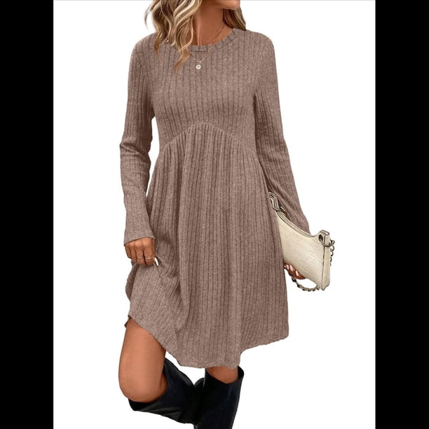 Vestido de Larga para Mujer, Cuello Redondo, Cintura Alta, Túnica con Bolsillos Caqui XL