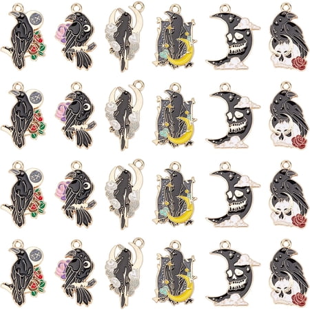 1 Box 24Pcs Gothic Charms Bulk Crow Charms Enamel Raven Black Bird Scary Charm Rose Moon Charms