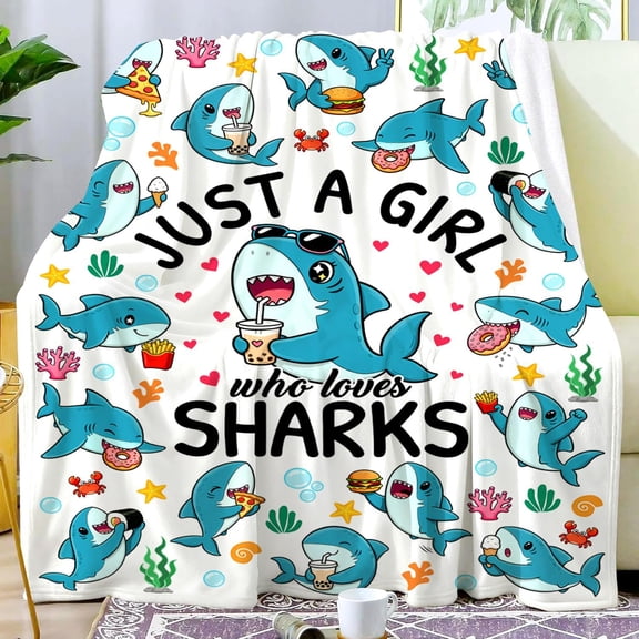 Shark Gifts Blanket for Women Girls Just A Girl Who Loves Sharks Funny Hamburger Blanket With Pizza Donut Stuff Shark Gifts for Girls Kids Adults Sharks Lovers Birthday Decorations Room Decor 50"X40"