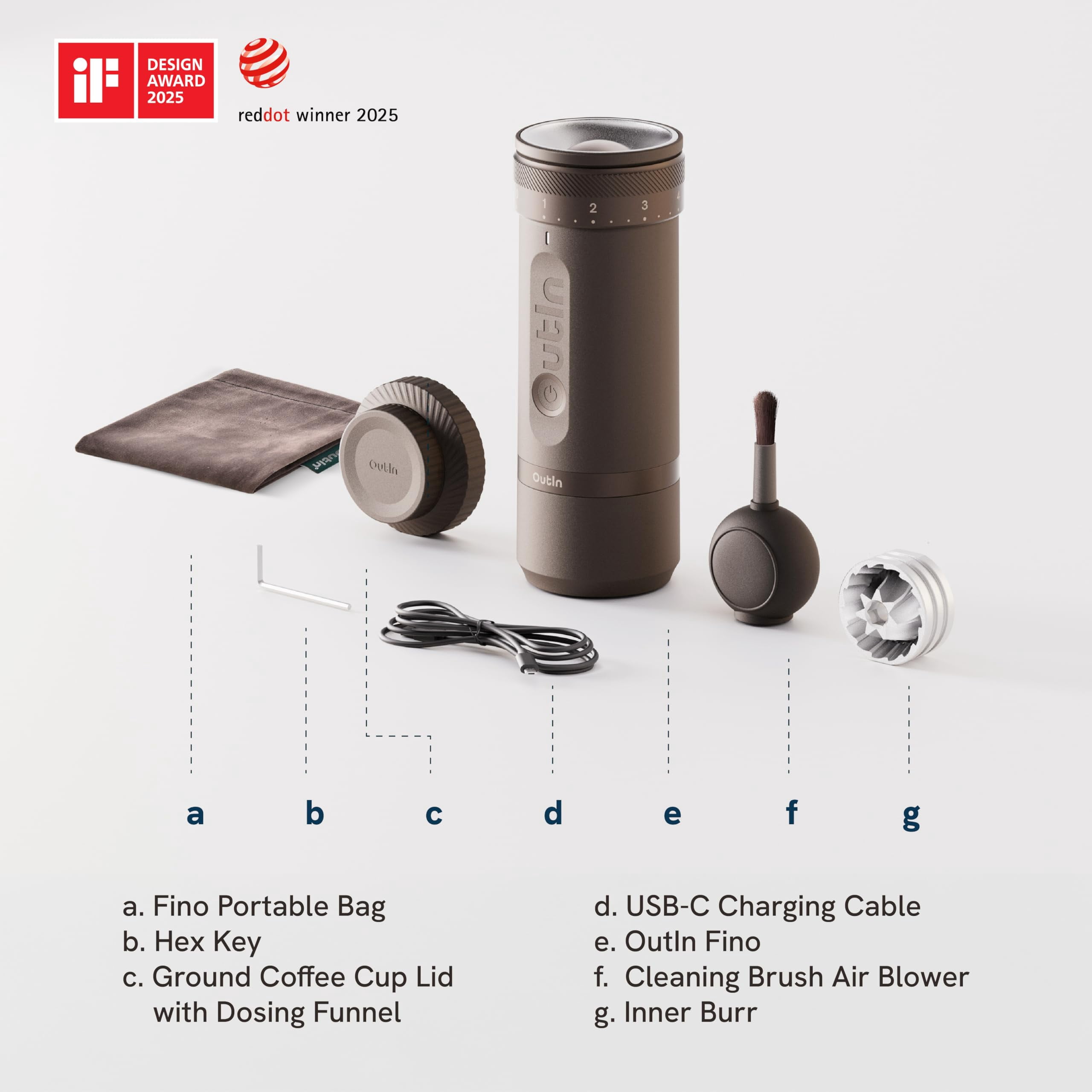 OutIn Fino Portable Electric Coffee Grinder with 28 Grind Sizes (Tundra Brown)