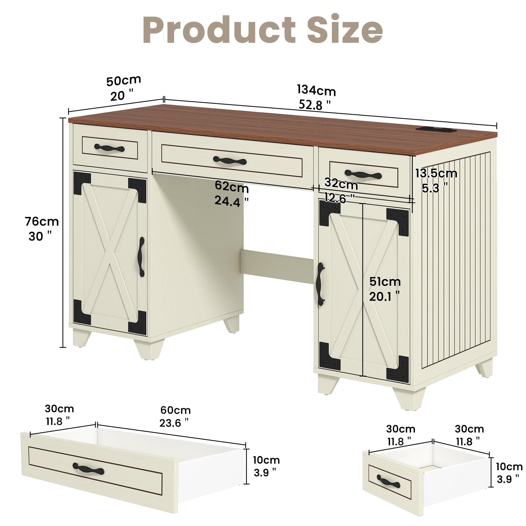 Manora Executive Desk with File Drawers and Cabinets Storage, 53'' Farmhouse Desk Modern for Adult Home Office, Rustic White&Brown Finish