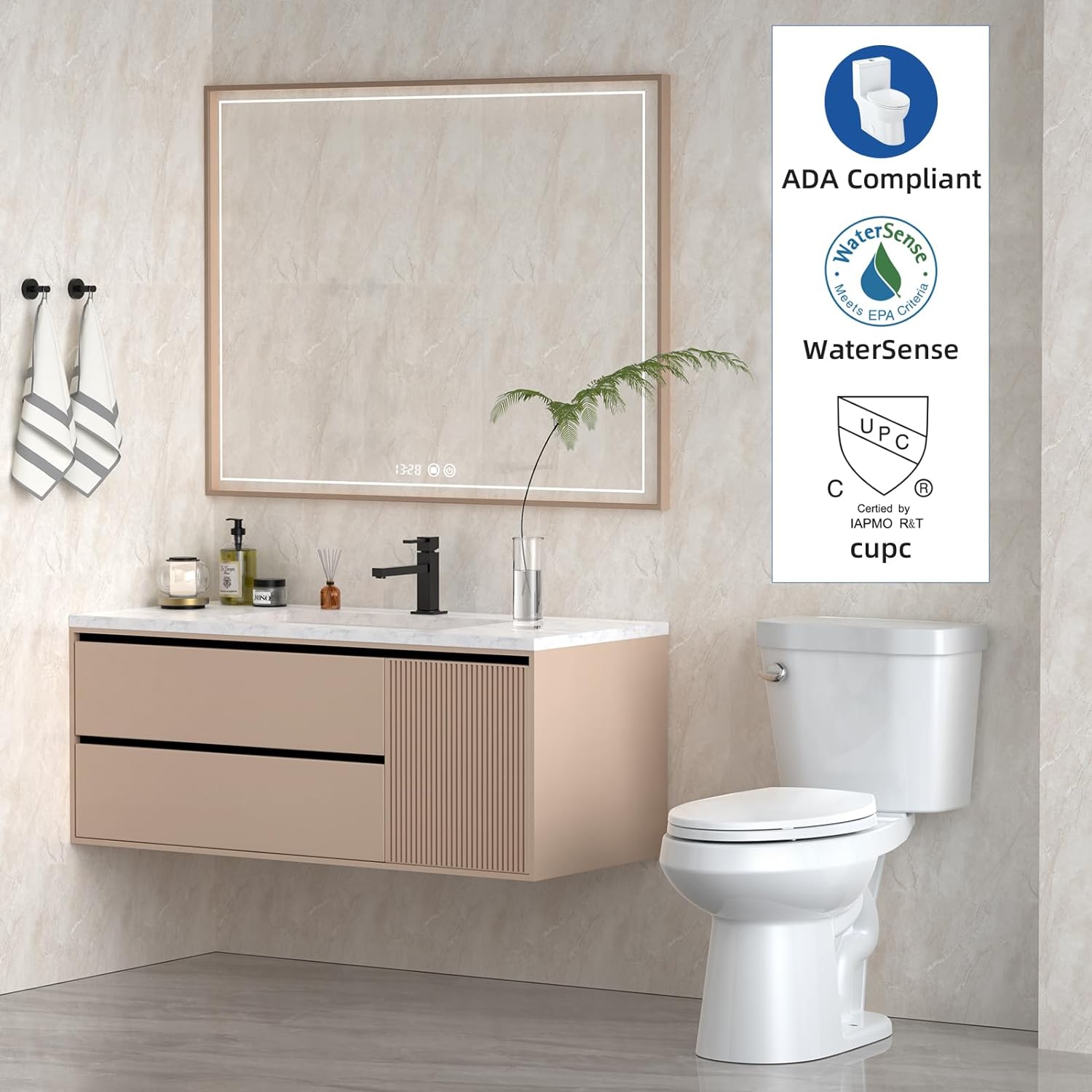 M optimized Two-Piece Toilet, Elongated Toilet With Soft Close Seat, 1.28 Siphonic Flush Toilet with ADA Chair Height 21inch White