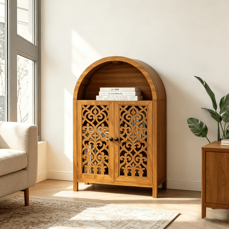 WUSCASA 44" Tall Arched Storage Cabinet, Vintage Accent Cabinet with Hand-Carved Doors & Open Shelves, 3-Tier Small Arched Short Bookcase for Living Room, Entryway