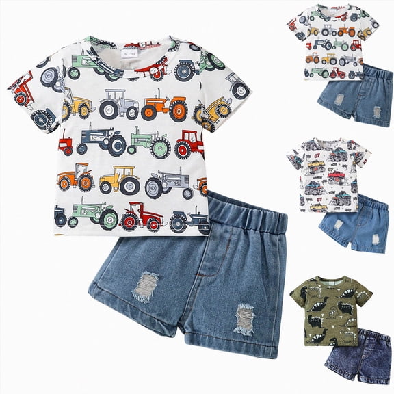 Gubotare Toddler Baby Boy Clothes Summer Short Sleeve Trucks Tractors Print T-Shirt Tops Solid Color Shorts Set Casual Outfit Orange,Size 18-24 Months