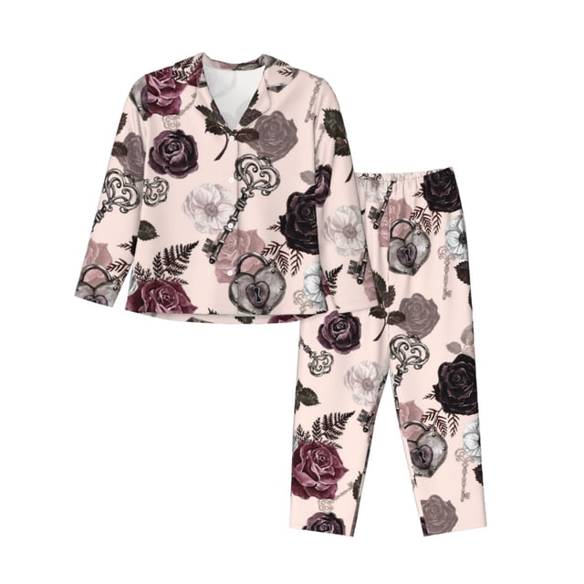 Fotbe Retro Red Black Roses Conjunto de Pijama de Manga Larga para Mujer con Estampado, Ropa de Dormir de 2 Piezas, Conjunto de Casa Suave y Cómodo con Bolsillos-X-Large