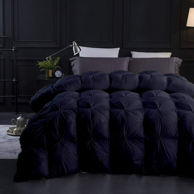 Black All Season Down Pin-Tuck Comforter- Eastern King Size 118 x 110 Inches 1 pc Pinch Pleated Comforter 600 GSM & 4-Corner Tab's 100% Egyptian Cotton- Black Solid