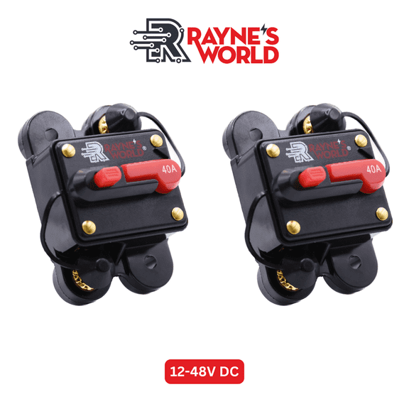 Rayne's World 40 Amp 12V-48V DC Waterproof Circuit Breaker with Manual Reset - Solar Power, Car Stereo, RV, Marine, Trolling Motor - 2 Pack