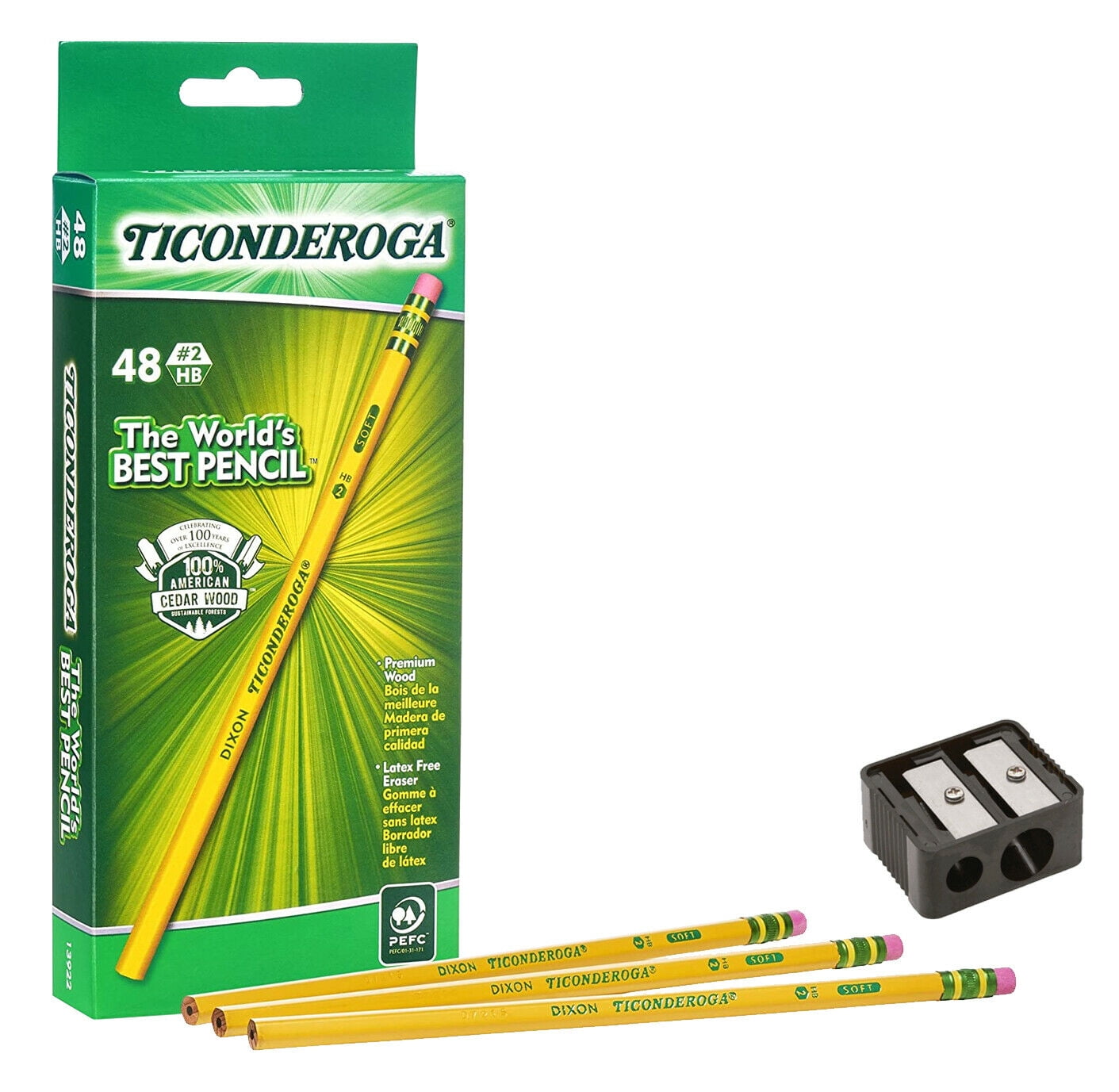 Ticonderoga Pencils #2 Soft Woodcased 48 Ct. Free Sharpener 1 Pack