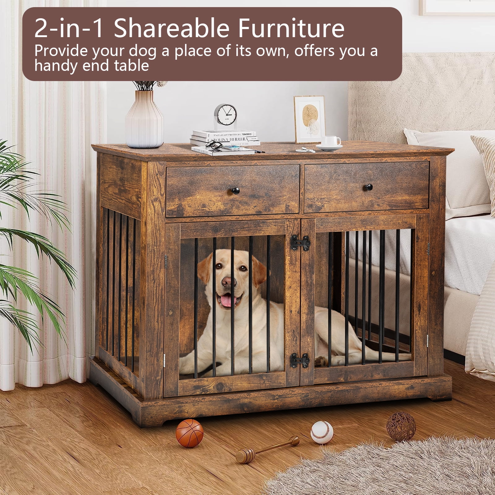 Waleaf 44" Large Dog Crate Kennel Furniture with 2 Storage Drawers for inside, Wooden Pet Cage for Medium Large Dogs