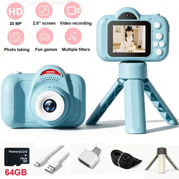 Upgraded Kids Selfie Camera with 1080P Video & 64GB SD Card, HD Digital Video Camera for Boys Girls Ages 3-8, Portable Toy Camera with Selfie Mode, Games, MP3 Gift for Children,Blue