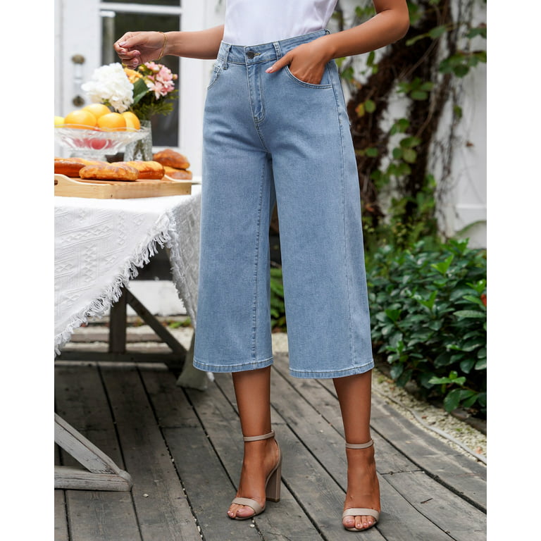 Vetinee Women's High Waisted Capri Jeans Wide Leg Cropped Denim