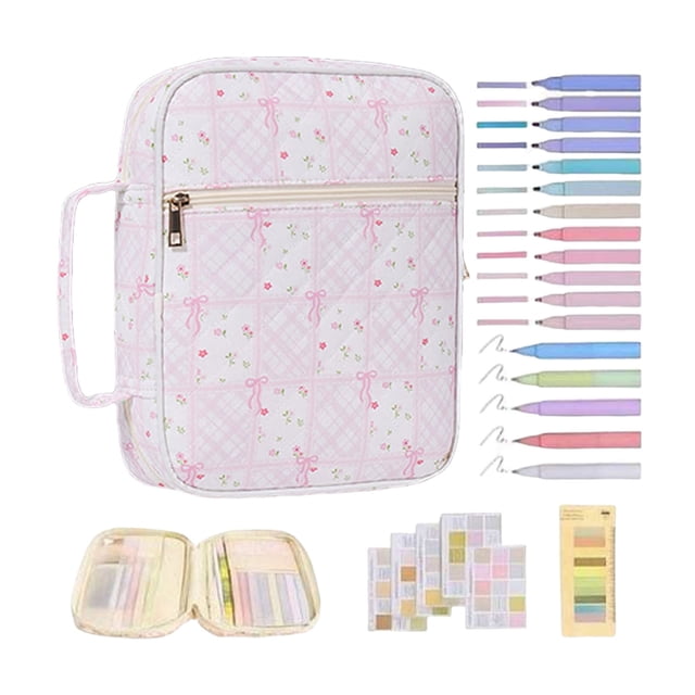 Study and Travel Journal Organizer with Quilted Book Cover Handles Zipper Closure and Highlighter Tabs for Secure Carrying