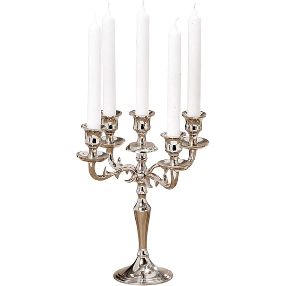 Hamptons Five Arm Silver Candelabra, Refined Details, Radiant Polish, Hand Crafted of Silver Aluminum and Brass, 10 1/4 Diameter x 10 1/4 Inches Tall, For Standard Tapers